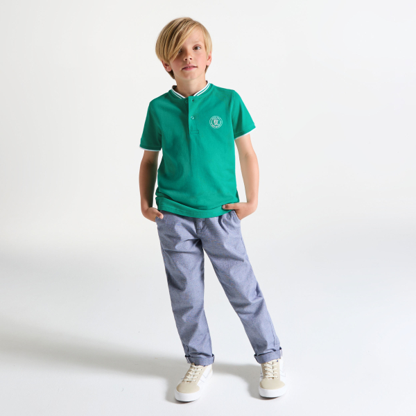 تيشيرت بأكمام قصيرة أخضر من قماش الجيرسيه المضلع للأولاد